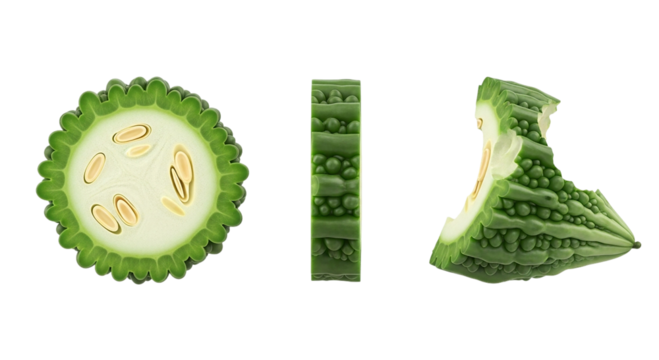 Bitter Melon Still Life Artistic Renderings of Cross Sections Longitudinal Cut and Bite on transparent background