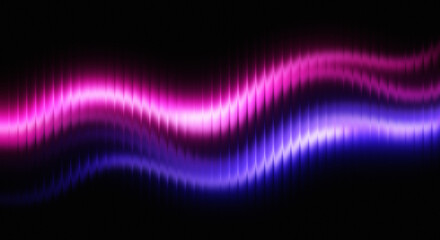 Vibrant neon light waves in pink and purple flowing across a dark background, glass effect 