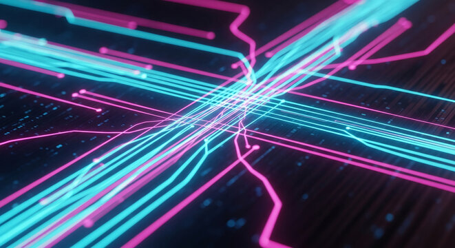 Abstract image of pink and cyan glowing lines intersecting on dark background, suggesting digital network connections or data flow, ideal for tech or futuristic themes