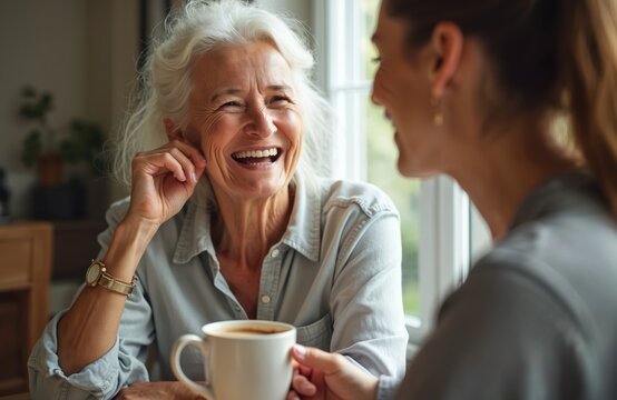 Older woman laughs heartily while sharing coffee with younger woman. Their happy conversation suggests warm connection, possibly mentorship or friendship, indoors. They enjoy moment of shared joy.