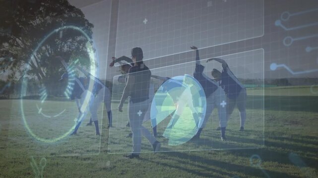 Women stretching in field, fitness coach walking leading class causing HUD pulsing globe rotating