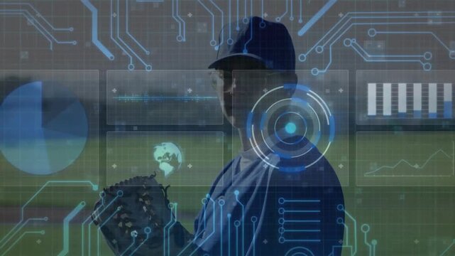 Baseball player shifting glove as translucent HUD fades in, displaying pitch analytics with charts