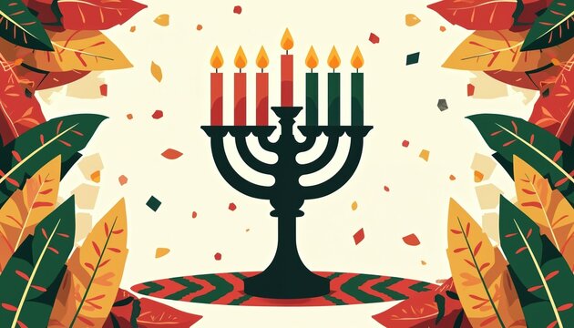 Kwanzaa celebration illustration featuring a kinara with lit candles. African American culture festival symbols and festive foliage adorn the background for holiday greetings and party invitations.