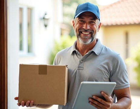 Happy delivery man at front door smiles broadly. Male courier holds package box, digital tablet. He offers parcel for online order service. Person brings cargo for home delivery to customer, good job.