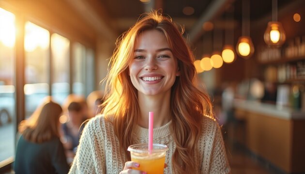 Young woman smiles holding plastic cup with orange beverage, pink straw. Enjoys drink inside cafe with warm sunlight, relaxed mood, soft bokeh background. Happy lady with red hair smiles. People sit