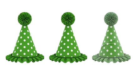 Green Party Hats with White Polka Dots and Pom Poms Fun Celebration Accessories for Birthday on transparent background