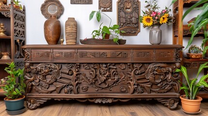 Carved wooden chest with decor, plants, and wall hangings, in a well-lit interior