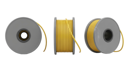 Three Yellow Plastic Wire Spools Gray Bobbins with Cable Winding for 3D Printer Supply Parts on transparent background