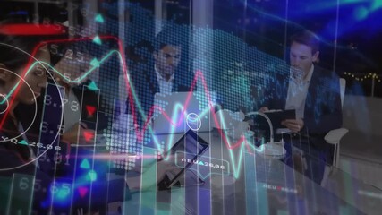 4 business team sitting glass table night animated charts appearing from below group analyzing data - Powered by Adobe