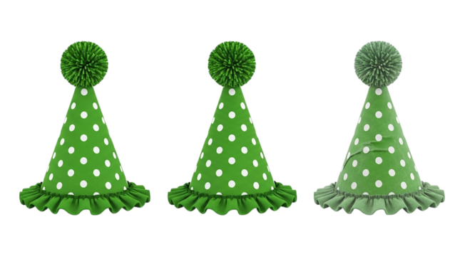 Green Party Hats with White Polka Dots and Pom Poms Fun Celebration Accessories for Birthday on transparent background