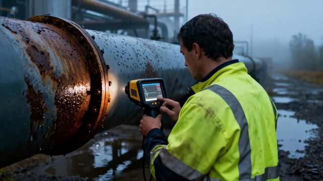 Worker uses handheld device to assess pipeline rust damage in industrial area on a wet gloomy day.