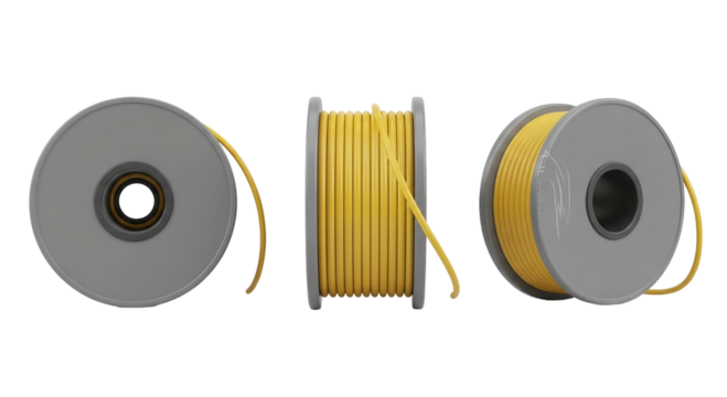Three Yellow Plastic Wire Spools Gray Bobbins with Cable Winding for 3D Printer Supply Parts on transparent background