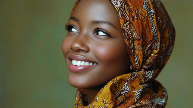 African-American woman with joyful expression, wearing a headscarf, vibrant patterned scarf and black lipstick. Posing for portrait with beaming smile.