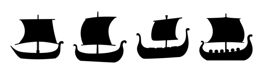 Four detailed black silhouettes of viking longships with sails raised