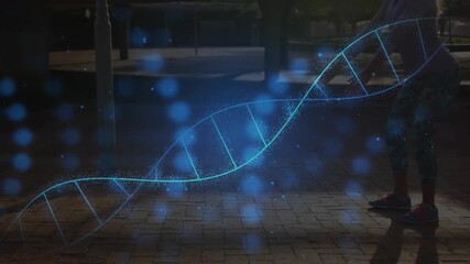 Adult female squatting on plaza while cyan line triggers growing DNA helix showing fitness tech - Powered by Adobe