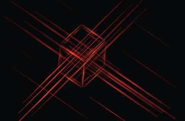 Red glowing lines and wireframe cube abstract geometric pattern