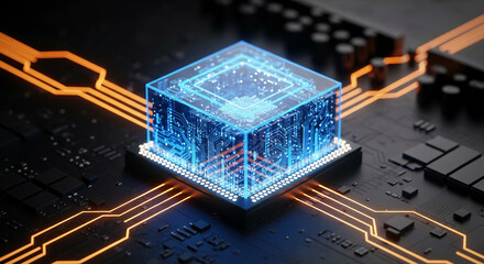 Close-up of glowing blue processor cube on circuit board, showcasing technological advancement and innovation, symbolizing digital power and future technology