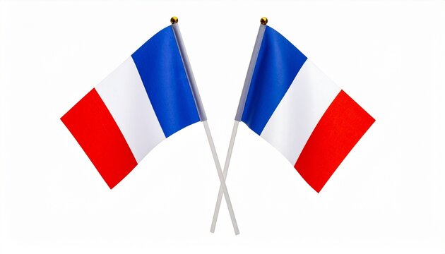 "Design a symmetrical graphic of two crossed French flags with vibrant tricolor stripes, symbolizing national pride and unity."