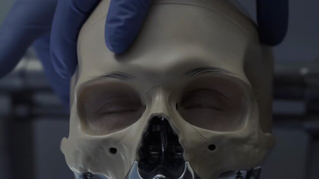 Experts examine a humanoid skull model used in robotics. They discuss its features and applications in artificial intelligence and robotics development
