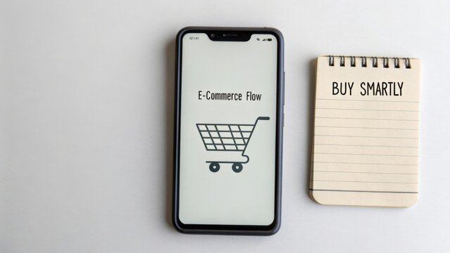 Smartphone showing shopping cart icon on the screen near a notepad