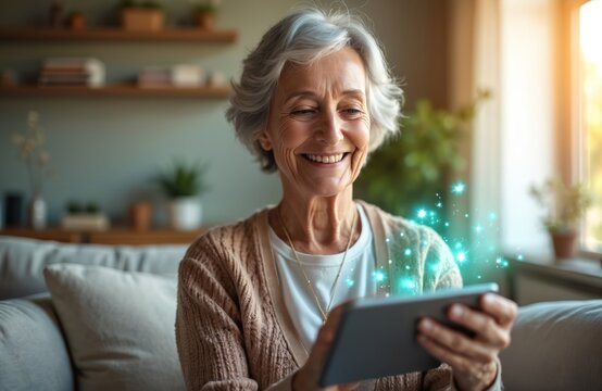 Elderly woman smiling while using tablet computer in cozy living room. Senior uses modern digital device with glowing effects, connecting with technology and enjoying leisure time.