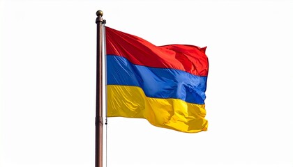 "Design a realistic illustration of the Armenian flag waving proudly on a flagpole with a decorative finial, set against a clean white background."