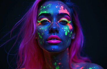 Young woman with vibrant pink hair sports vivid neon paint splatters on face and body. She wears bright eye makeup and bold pink lipstick under ultraviolet light.