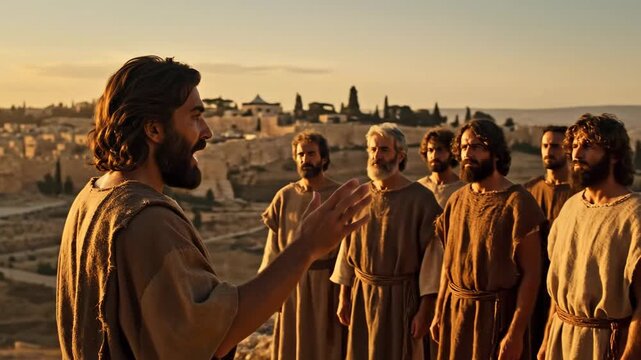 Jesus Christ preaches to his disciples overlooking Jerusalem. Biblical scene with men, apostles and sermon near city walls. Gospel story.