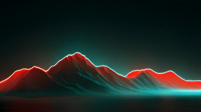 Illuminated mountain range topography glows with vibrant neon outlines above a dark surface