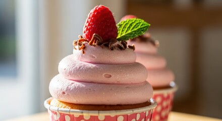 Delicious raspberry swirl cupcake topped with fresh berry and mint leaf