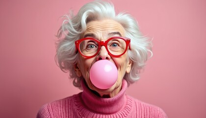 Elderly woman with bright white hair, wearing stylish red glasses, pink sweater, blows large pink bubblegum bubble. Looks directly at camera with joyful look. Senior adult poses against vibrant pink