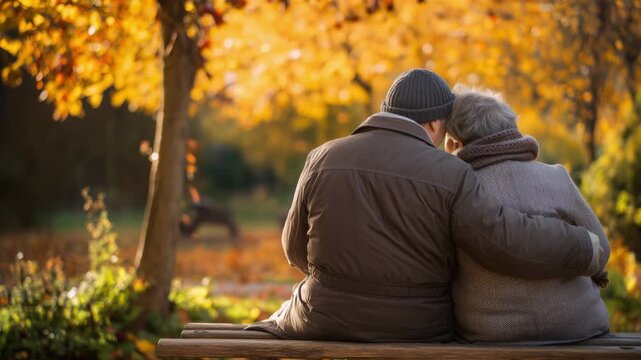 Romantic elderly couple sitting together on a park bench, enjoying a beautiful sunny autumn day. The senior man and woman are lovingly embracing, watching the golden leaves in a peaceful scene