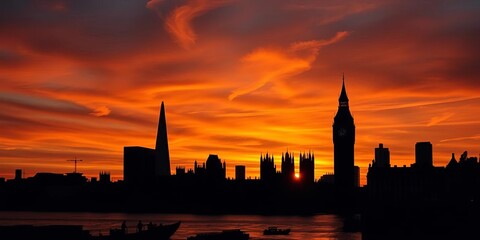 Naklejka premium Iconic London skyline silhouette at sunset, dark against fiery sky, element, photography