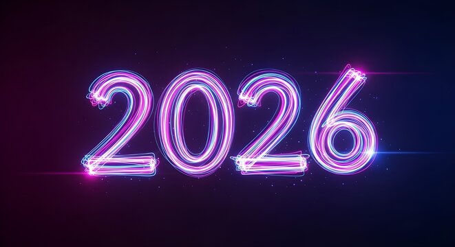 Glowing neon 2026 text animation with vibrant purple and pink lighting for futuristic New Year celebration video intro. - Powered by Adobe