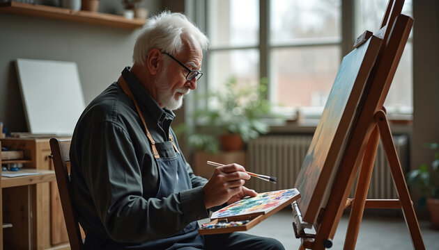 Elderly man paints picture on canvas with brush and palette. Senior artist sits at easel in studio, working on art project. Mature male pursues hobby, creating artwork with imagination and care.