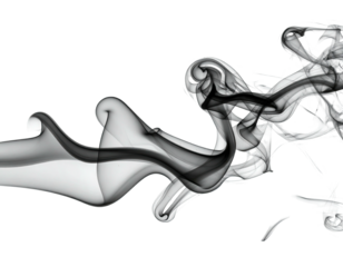 Artistic wisps of grayscale smoke against a stark, black background; flowing forms
