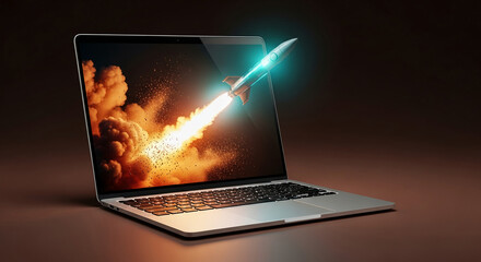 Laptop screen displays rocket launch, symbolizing growth, innovation, and fast progress in business or technology