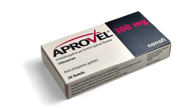 Photo of Aprovel 300 mg Irbesartan tablets by Sanofi, a box of 28 film-coated tablets for oral use, used to treat high blood pressure and protect kidney function.