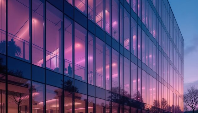 Modern office building exterior at dusk. Glass facade reflects purple light, sunset. Silhouettes visible inside. Trees around building. Innovative architecture. Business center with contemporary