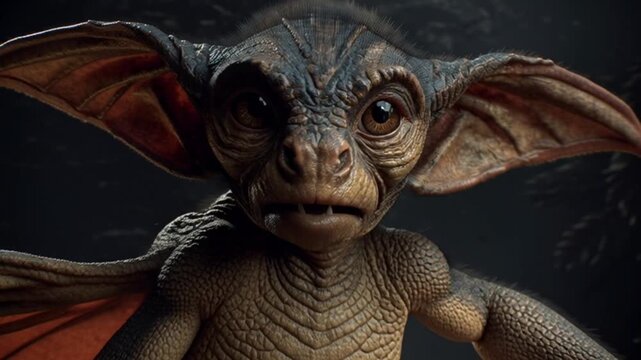 Cinematic Depiction of a Menacing Goblin with Pointy Ears and Wings, Showcasing Its Sinister Stature, Dark Fantasy Aura, and Mythical Presence in an Intense and Eerie Cinematic Scene