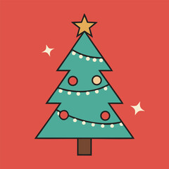 Flat retro Christmas tree with ornaments and lights on red background, minimalist festive vector illustration in teal and gold tones.