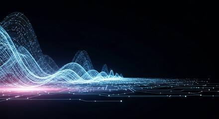 Abstract digital waves and circuit lines on dark background, representing data flow, technology, or futuristic concepts, ideal for tech websites or presentations