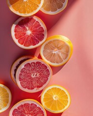 Fototapeta premium Fresh citrus slices on pink background with soft sunlight
