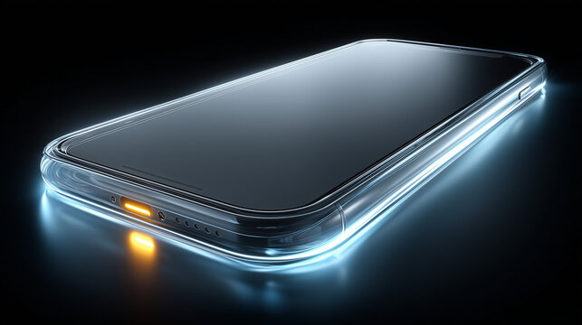 smartphone with glowing back, sleek black and gray design, abstract background, soft illumination, modern technology, suitable for website banner, social media promotion, app interface