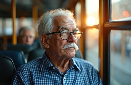 Senior man travels by public transport. He sits near window in bus. Old male looks outside with light of the sunset. He wears glasses. Another person sits behind him.