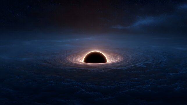 A black hole with a bright swirling accretion disk set against a dark cloudy cosmic background