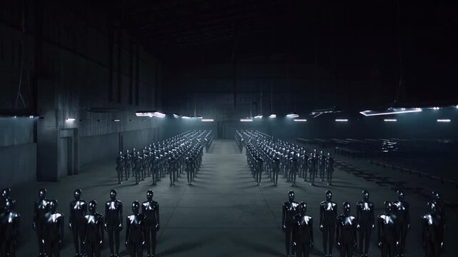 A large gathering of sleek and advanced robots stands in formation in an industrial warehouse