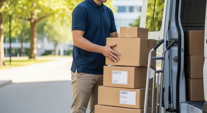 Delivery man in blue polo shirt unloading stacked cardboard boxes from van, showcasing efficient logistics and courier service in urban environment with greenery