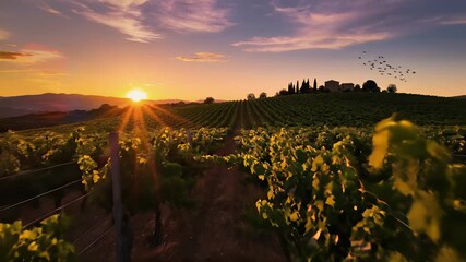 Vineyard landscape with rolling hills, lush green vines, and golden sunset glow capturing French elegance and sophistication perfect for commercial uses requiring luxury, tranquility.