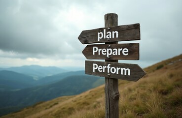 Signpost with plan prepare perform inscriptions. Mountain valley on background. Wooden pointer shows strategy instructions, advice. Concept of business planning life goals. Direction indicator with